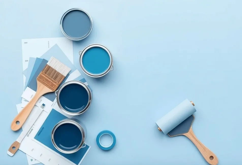 Pots de peinture, nuancier, brosses et rouleaux disposés à plat