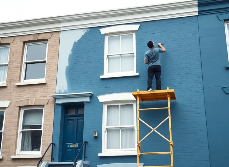 Peintre sur échafaudage traitant la façade d'une maison
